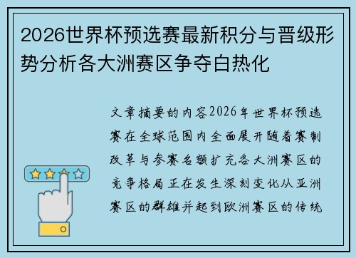 2026世界杯预选赛最新积分与晋级形势分析各大洲赛区争夺白热化