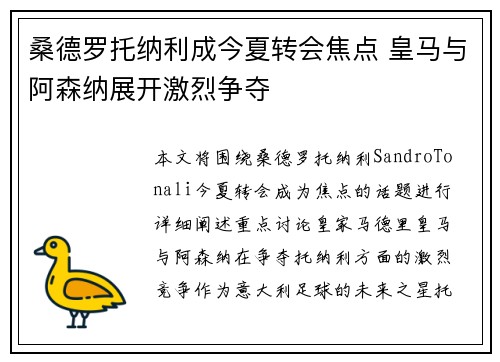 桑德罗托纳利成今夏转会焦点 皇马与阿森纳展开激烈争夺