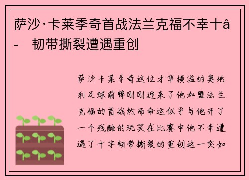 萨沙·卡莱季奇首战法兰克福不幸十字韧带撕裂遭遇重创