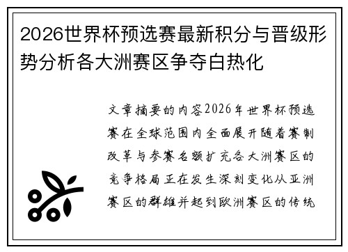 2026世界杯预选赛最新积分与晋级形势分析各大洲赛区争夺白热化